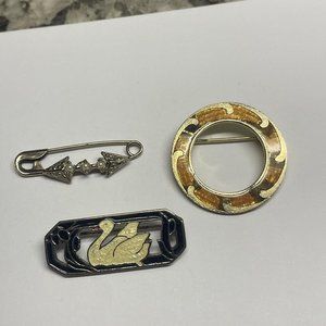 Lot Of 3 Vintage Brooch Pins Enamel Circle, Safety Pin, 1928 Swan